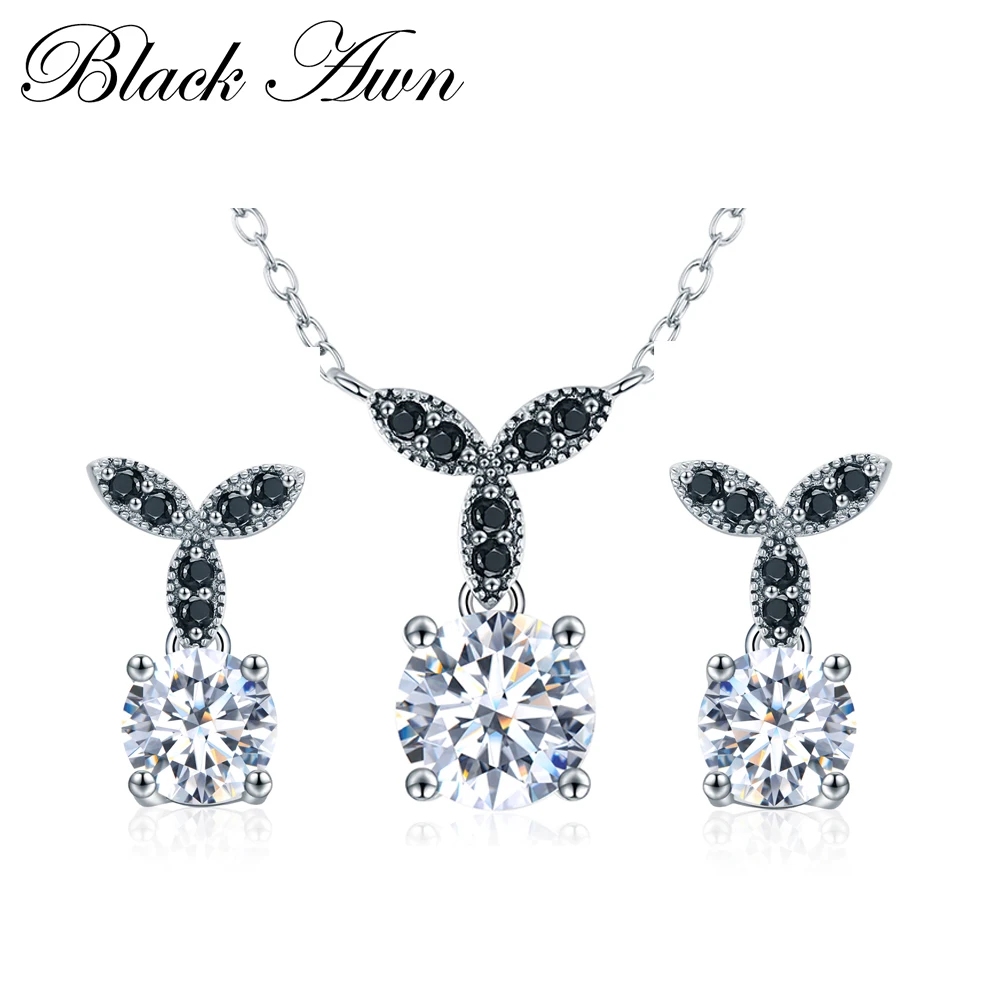 

[SODROV] 925 Sterling Silver Fine Jewelry Sets Trendy Engagement Wedding Necklace+Earring for Women PT035
