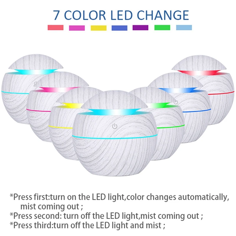 

130Ml Air Humidifier USB Charge Aroma Diffuser Ultrasonic White Wood Grain with 7 Color Led Light Ball & vase