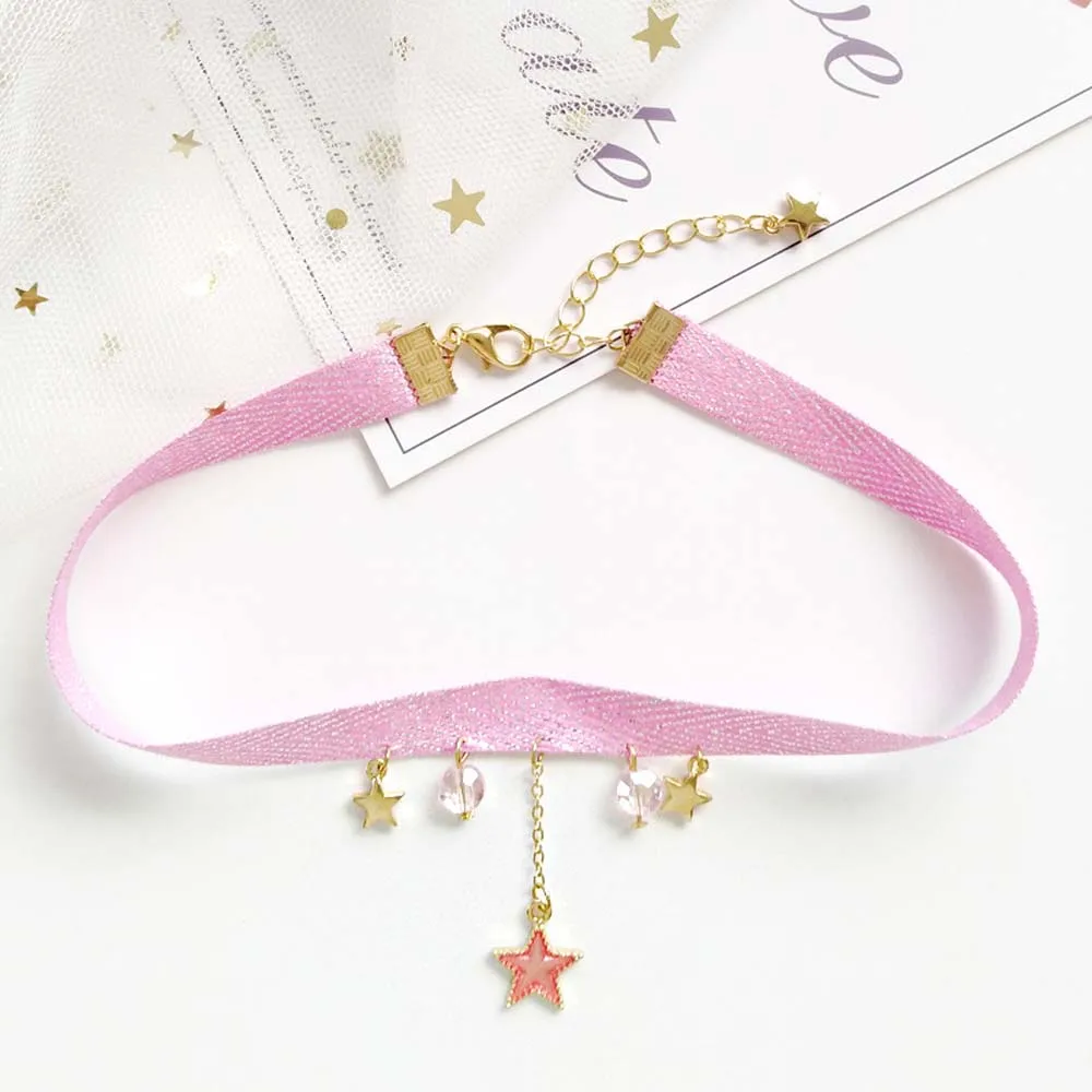 Star pink Простой Харадзюку Милая бархатная лента веревка чокер для женщин Звезда Луна земля кулон короткий чокер колье для женщин девочек - Окраска металла: Star pink