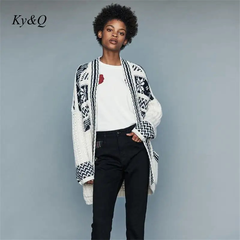 Brand Designer Vintage 2019 New Snowflake Striped Knitted Flower Long Cardigan Sweater Women Coat V-neck Sleeve Clothing |
