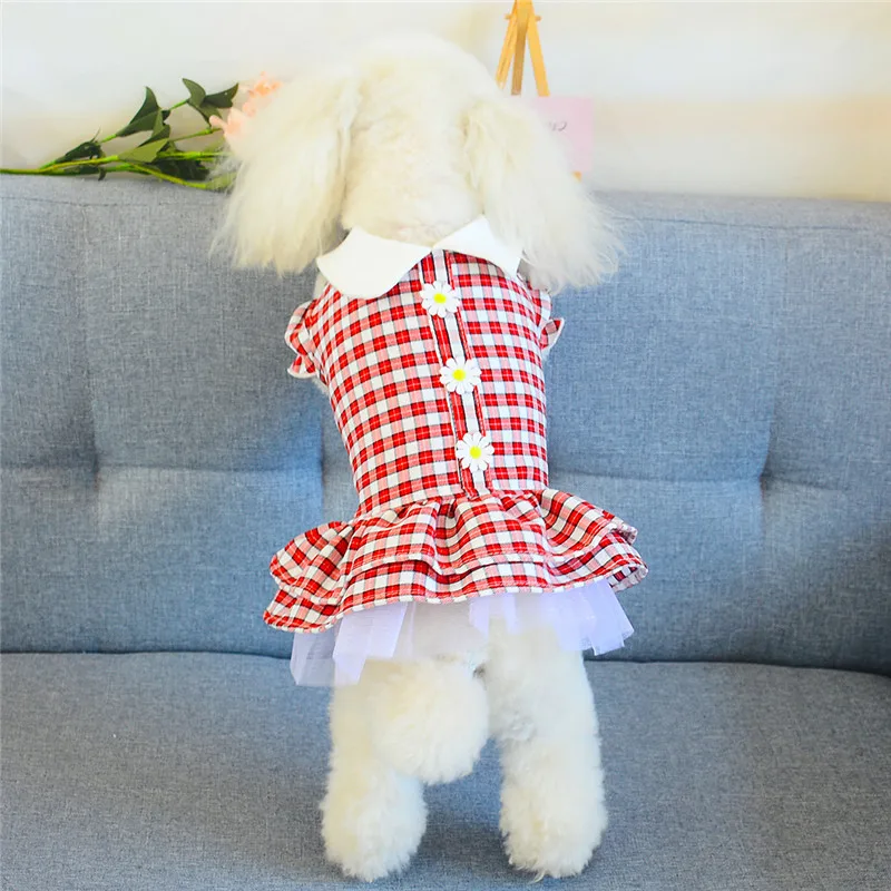 

2021 Pet Dog Clothes Cotton Material Soft Comfortable Plaid Princess Flower Dress Thin Pet Dog Cat Skirt Pet Attactive Cost