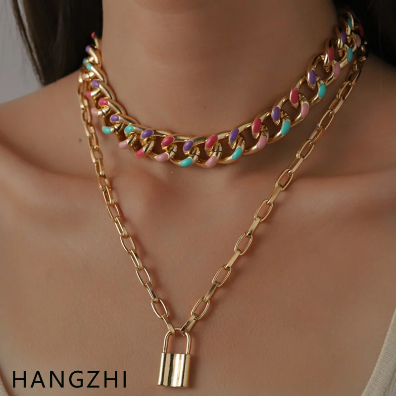 

INES New Bohemian Lock Rainbow Color Drip Oil Enamel Chain Clavicle Necklace for Women Girls Party Fashion Jewelry HANGZHI 2021