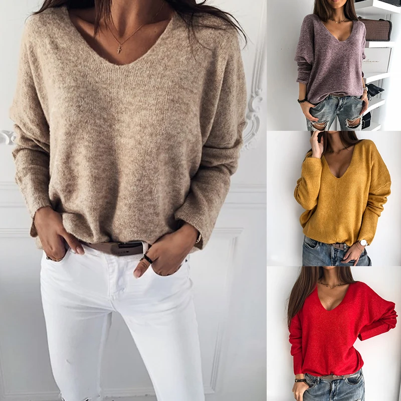Casual Women Knitted Sweater V Neck Solid Color Knitwear Ladies Autumn Clothes Female Pullovers Fashion Pull Femme Tops Pusero | Женская