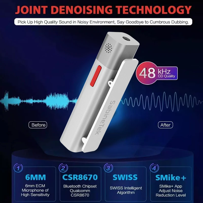 Беспроводной петличный микрофон SabineTek SmartMike + Bluetooth для цифровой зеркальной