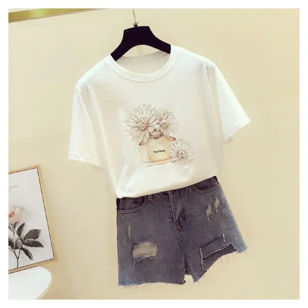 

Pure Cotton Small Daisy Print T-shirt Women's Short-sleeved 2021 Summer New Korean Version Beaded Sequins Printed Top