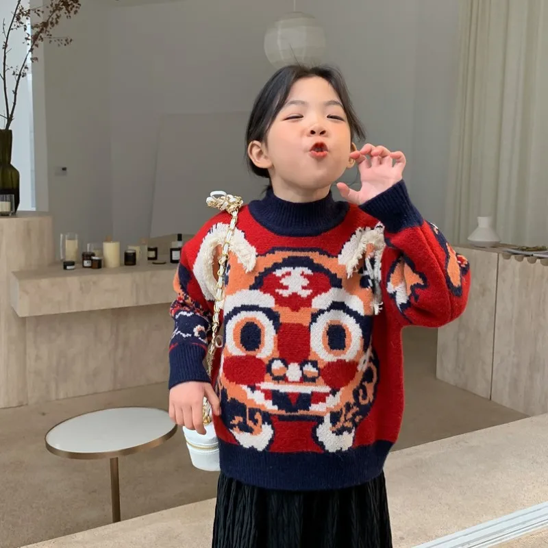 

New Year Cartoon Tiger Knitting Sweater for Mum and Daughter Family Matching Outfit Clothes Boys Girls Tiger Knit Pullover Top
