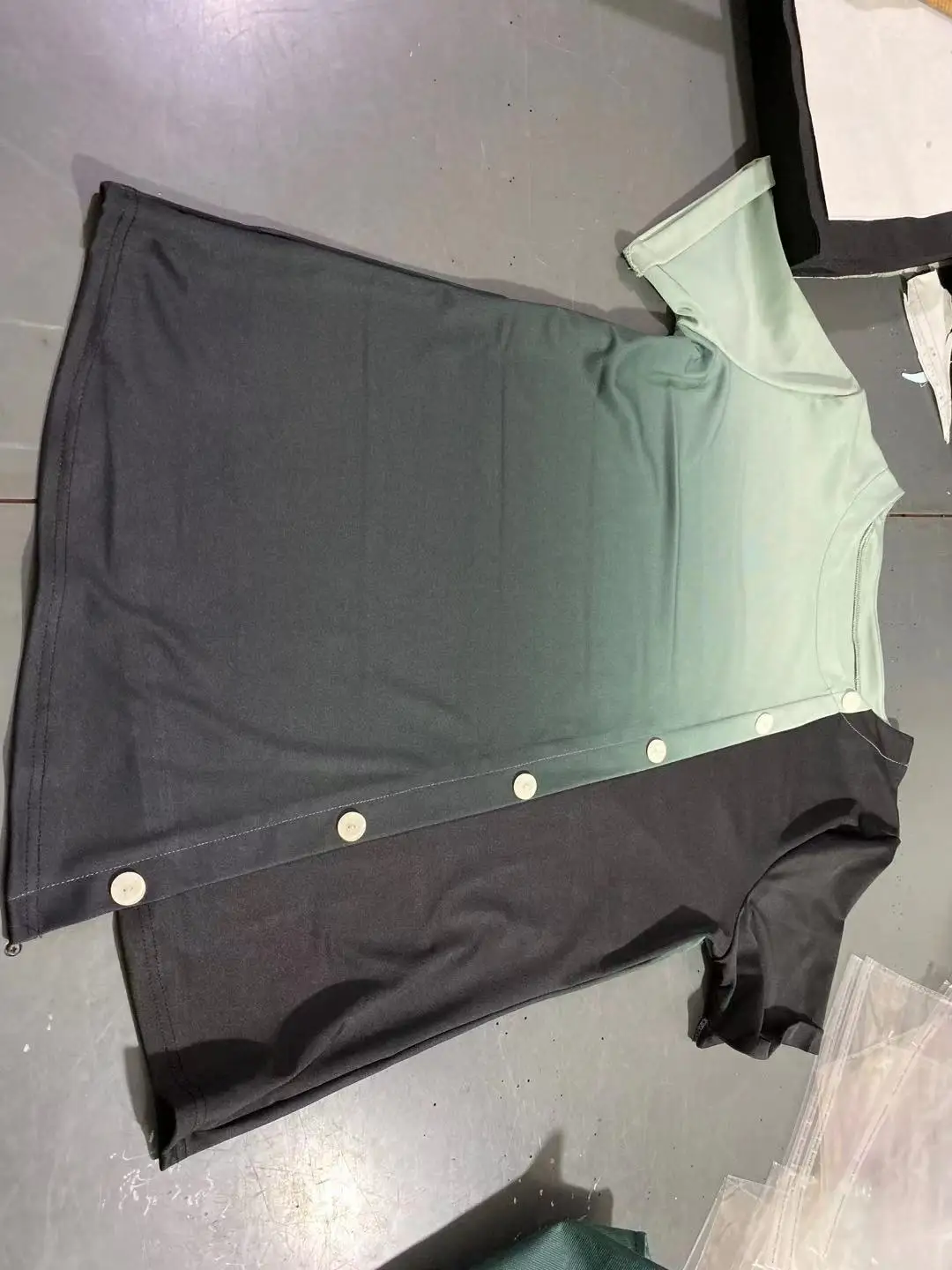 

Summer 2021 European and American Printing tie dye gradient contrast round neck button short sleeve girl long sleeve summer tops