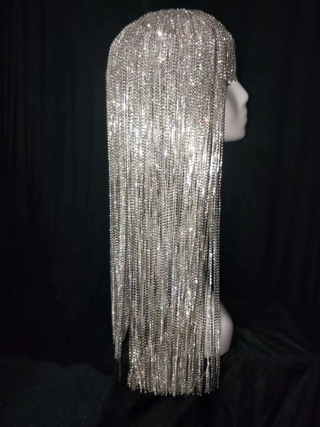 Online Glas Diamant Kette Headwear Handgemachte Perücke Lange Haar Party Zeigen Club Pole Dancer Singer Leistung Bohrer Dance Zubehör