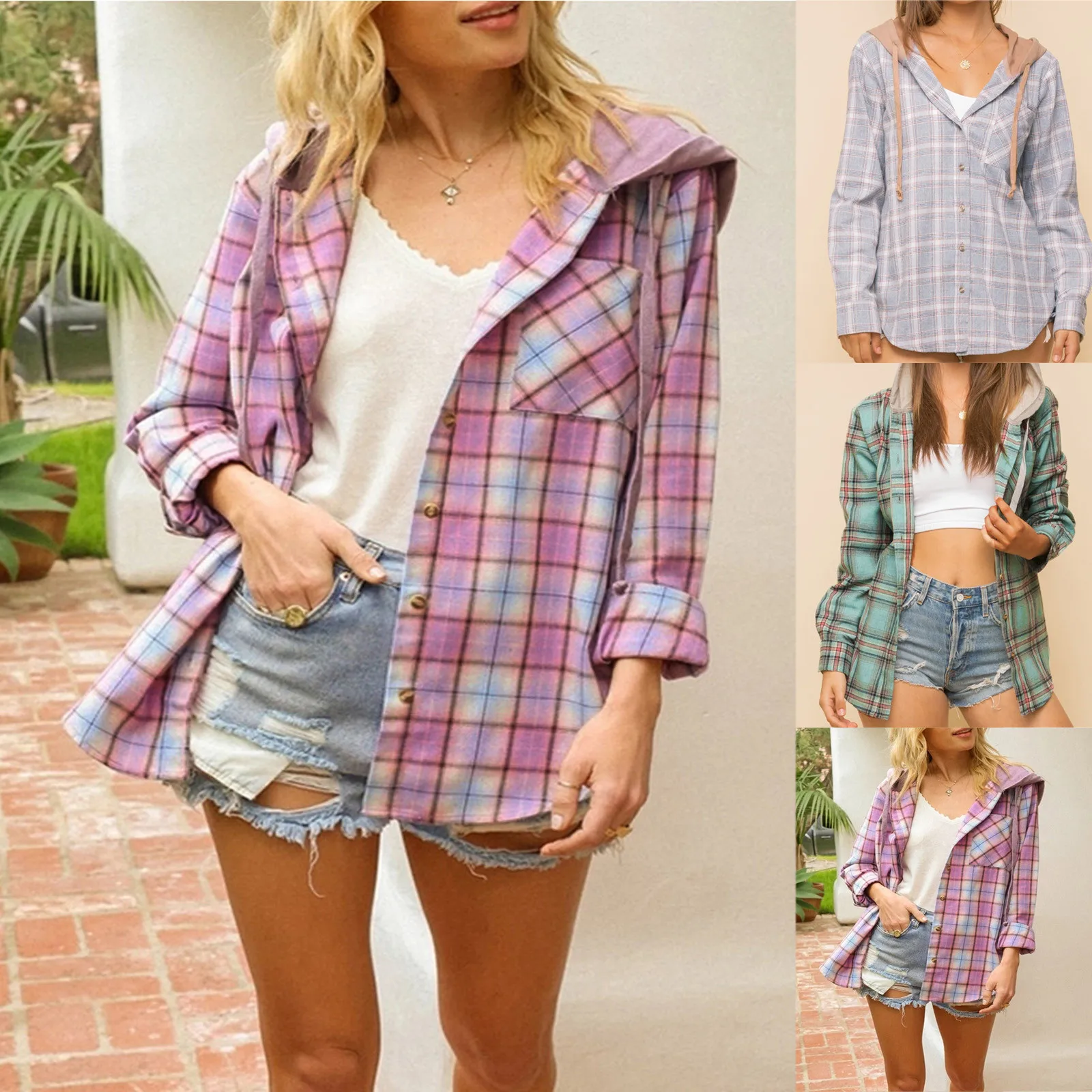 

Womens Fall Hooded Blouse Plaid Shirt Long Sleeve Drawstring Casual Top