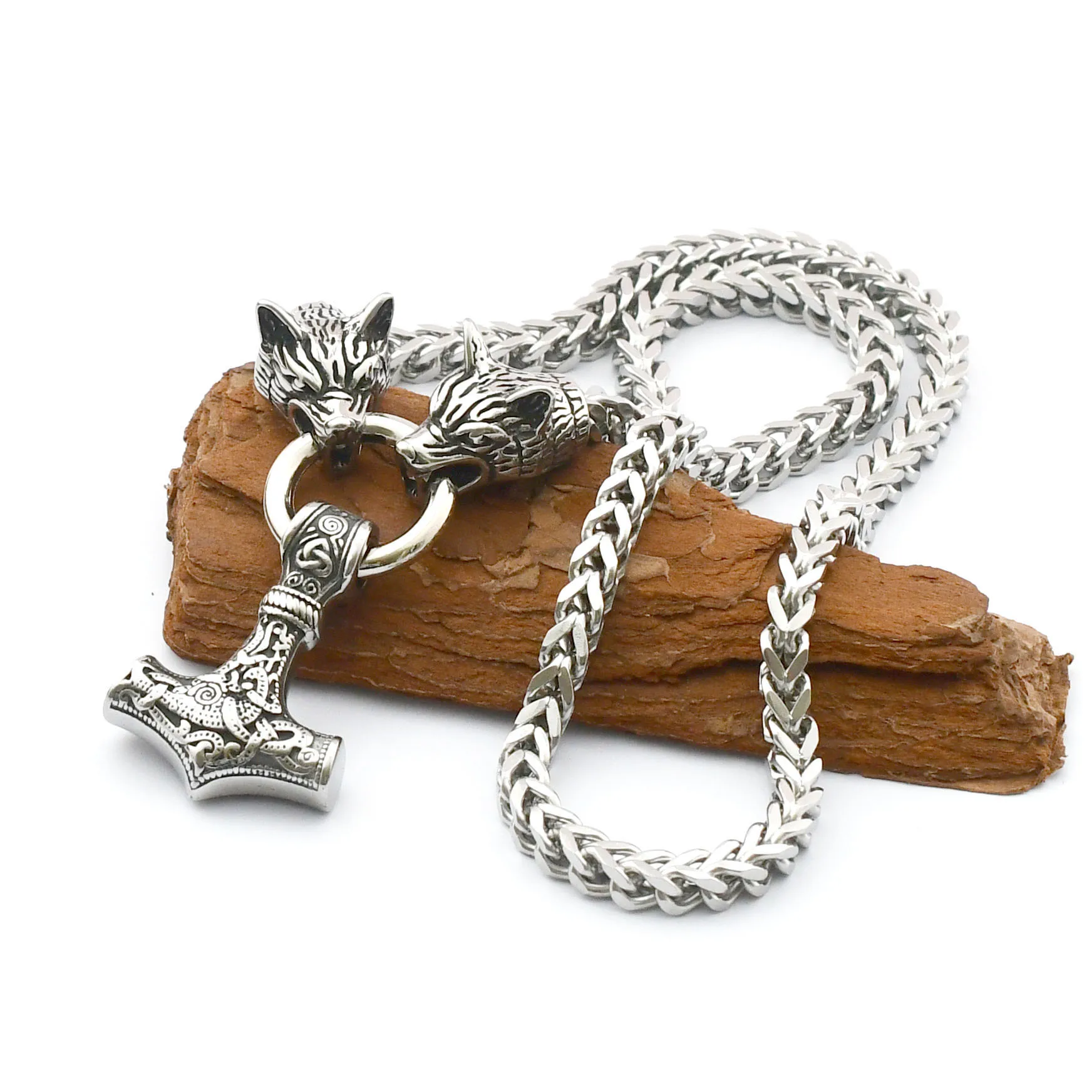 

Viking Thor's Hammer Pendant Stainless Steel Necklace Titanium Steel Wolf Head Chain Men's Thick Chain 60cm