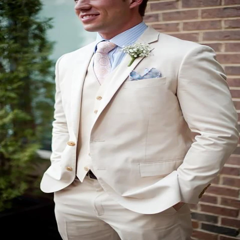 Новейший дизайн 2020 бежевый льняной Свадебный мужской костюм облегающий комплект