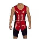 Эротический латексный костюм кошки ручной работы без рукавов красного и черного цвета для мужчин с V-образным вырезом Фетиш резиновые костюмы молния на передней промежности