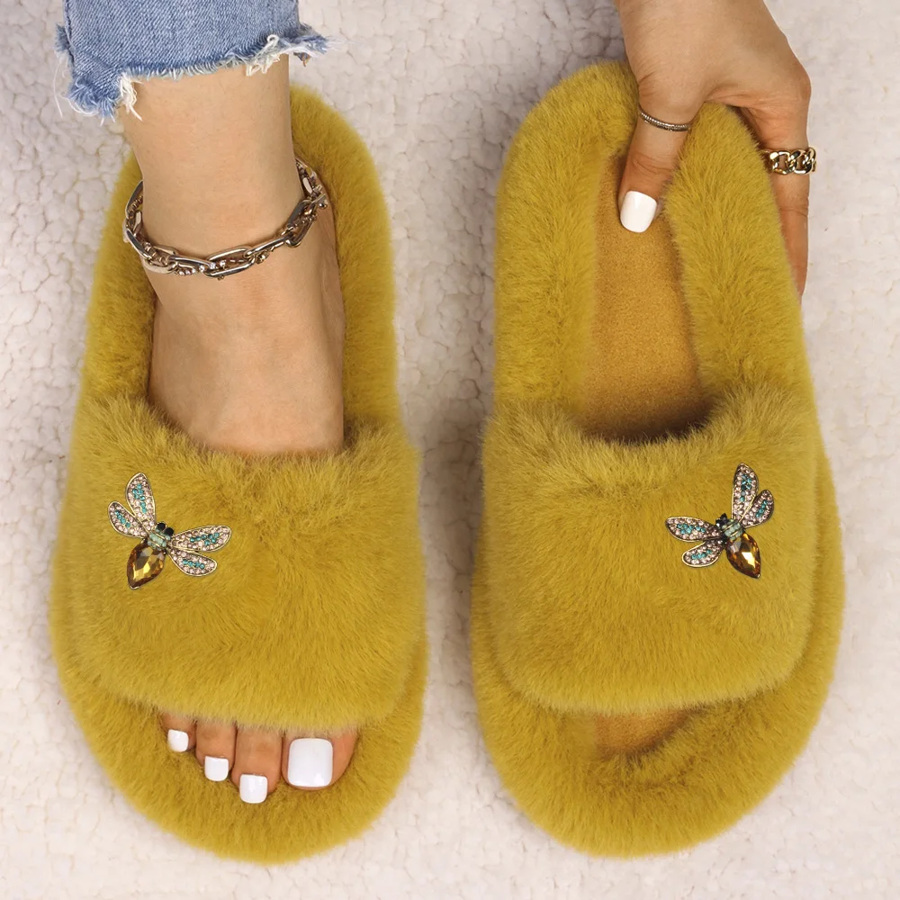 Fluffy Slippers Luxury Rhinestone Insect Decor Faux Fur Slides Designer Flat Sandals Flip Flop Slippers Female Furry Shoes 2021