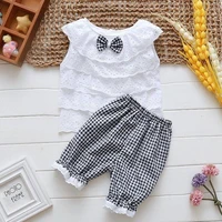two piece kids girls clothing summer ruffle sleeve tops plaid shorts pants 2pcs sets casual baby clothes children outfits a408