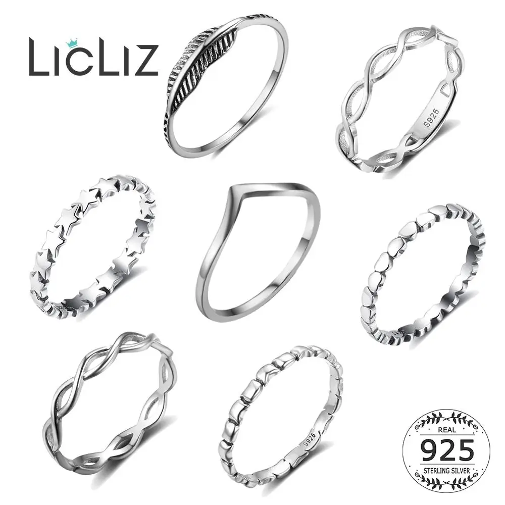 LicLiz простые 925 пробы серебряные кольца V формы для женщин Сердце Звезда лист плетеный браслет серебряные ювелирные изделия Joyas de Plata LR0470