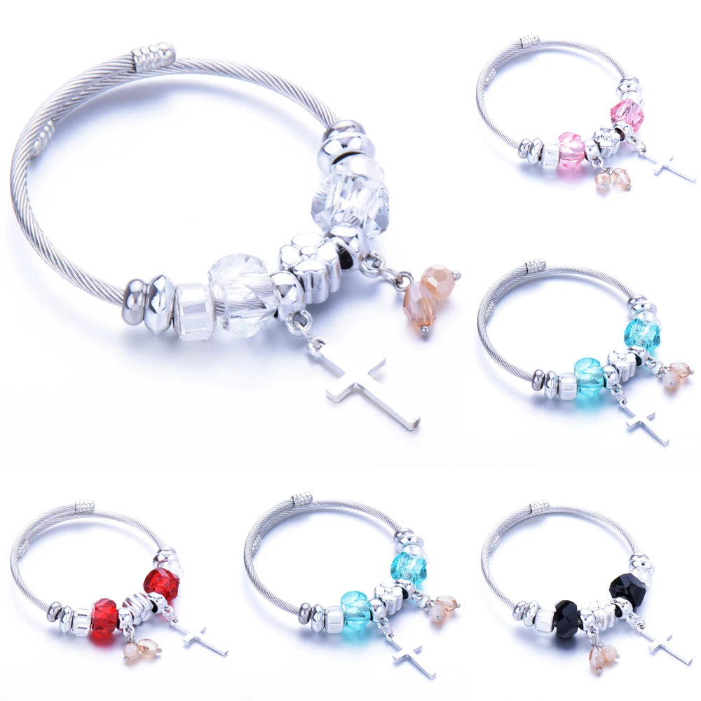 Женские браслеты из нержавеющей стали с кристаллами и крестом Проволочный