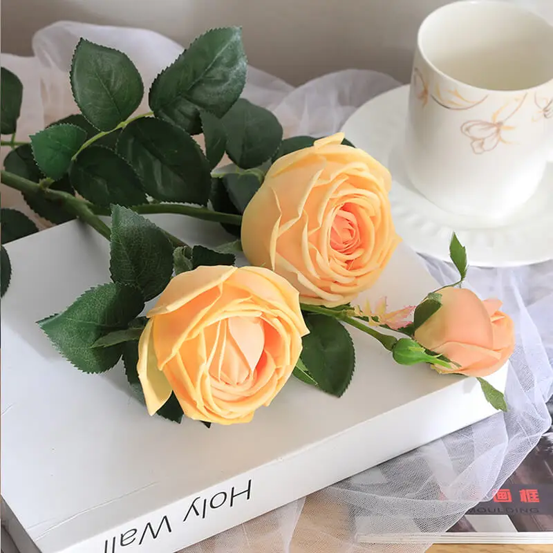 Xuanxiaotong 3 Head 77cm Yellow Silk Tea Rose Flower Artificial for Home Wedding Decor Pink White Champagne Roses with Leaves | Дом и сад