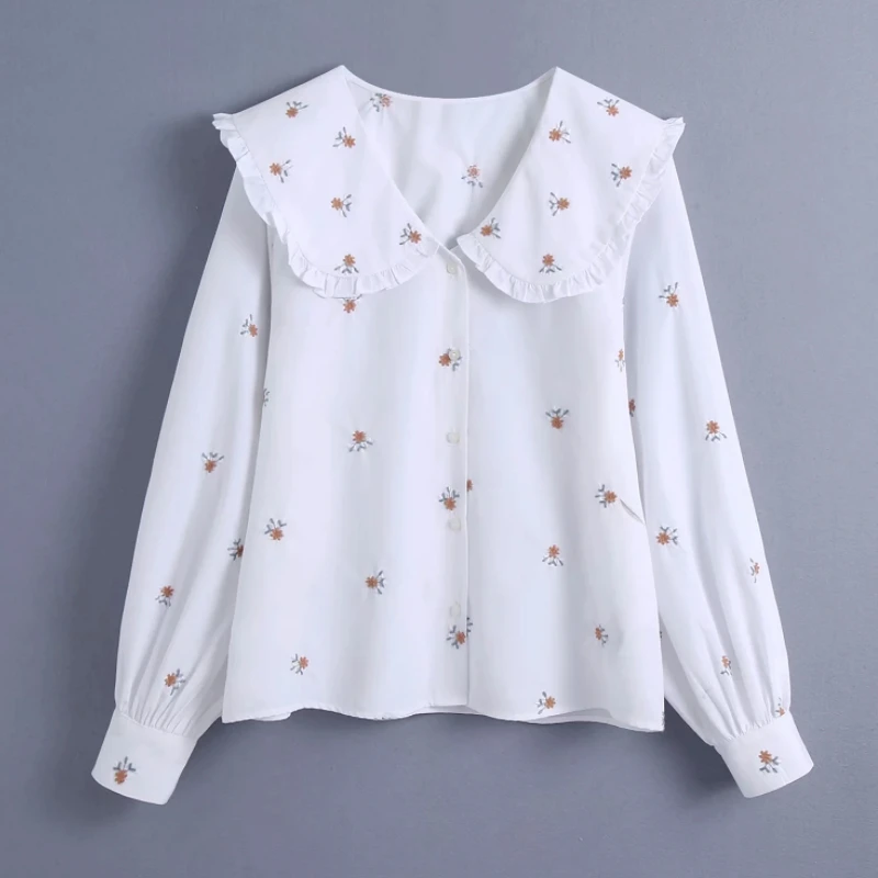 

Spring Women Flower Embroidery Peter Pan Collar Shirt Female Long Sleeve Blouse Casual Lady Loose Tops Blusas S8666