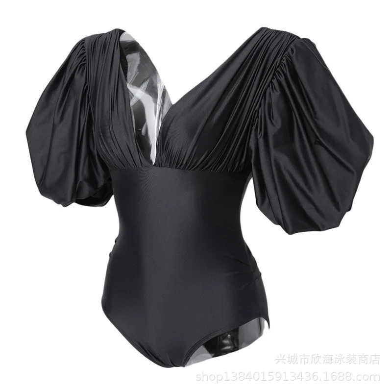 

Swimsuit One Piece Monokini For Girl Women Retro Onepiece Covering Female Hubble Bubble Long Sleeve Sexy Backless Korea Solid