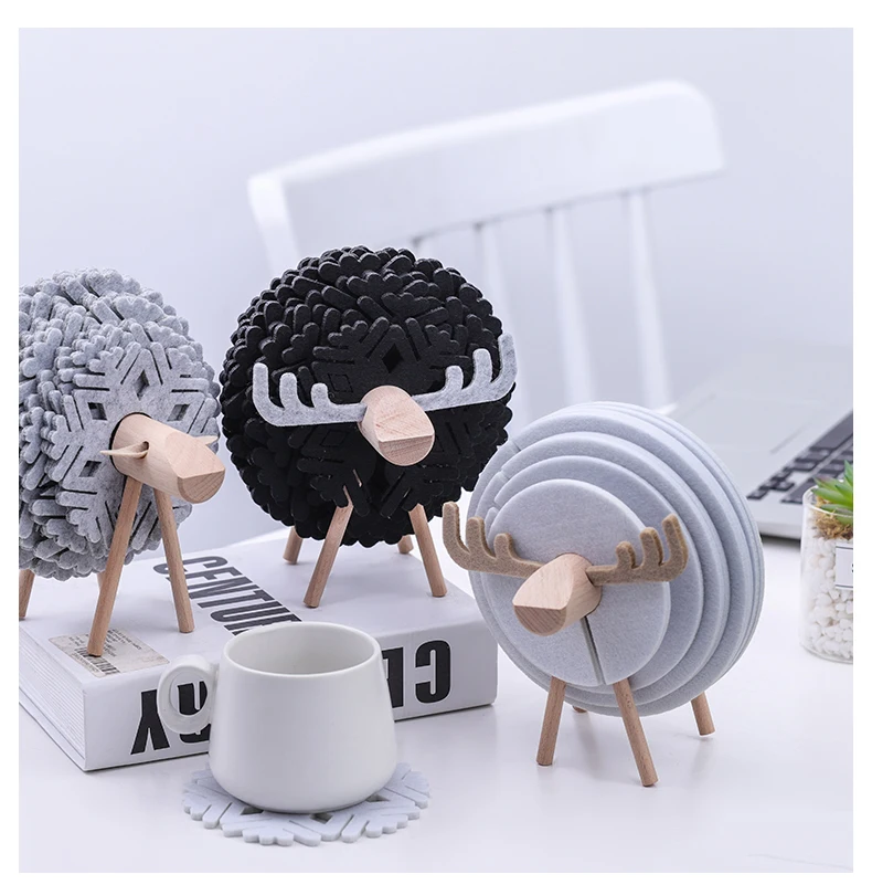 Felt Anti-scalding Coaster Home Decoration Livingroom Kitchen Reindeer Coffee Cup Coaster Set Creative Practical Ornaments