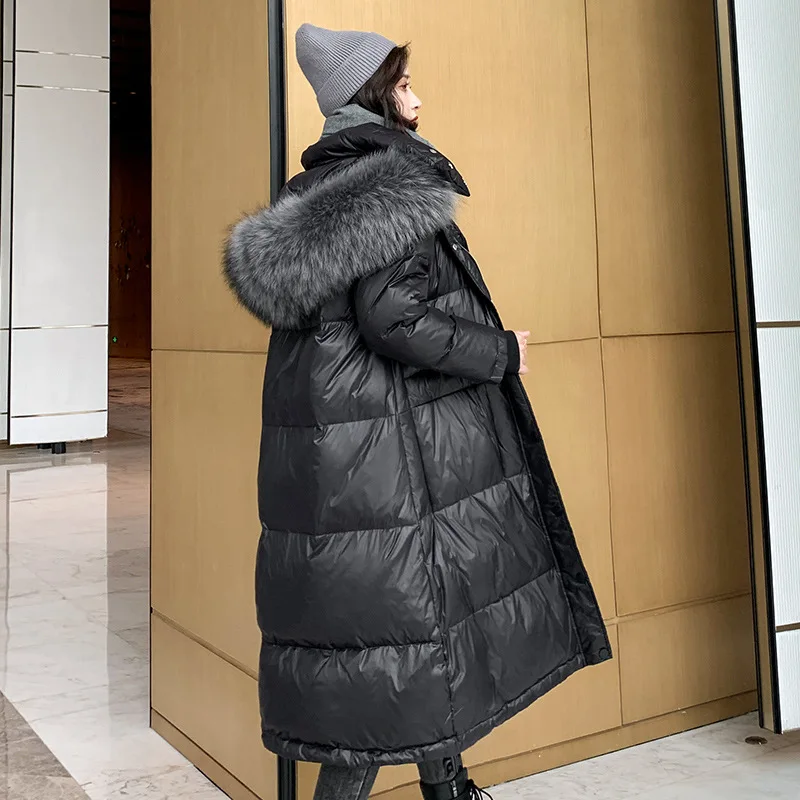 

Women X-Long Winter Jacket Hooded Fur Collar Detachable Windproof PU Down Coat Oversize Cotton padded Parkas