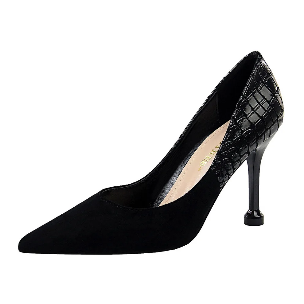 

2021 fashion simple women's high heels suede stitching snakeskin women's shoes sexy slim nightclub shoes high heels