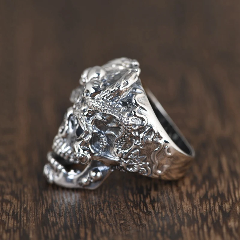 

S925 Silver Vintage Thai Silver Craft Ring Open Male Skull Silver Ring