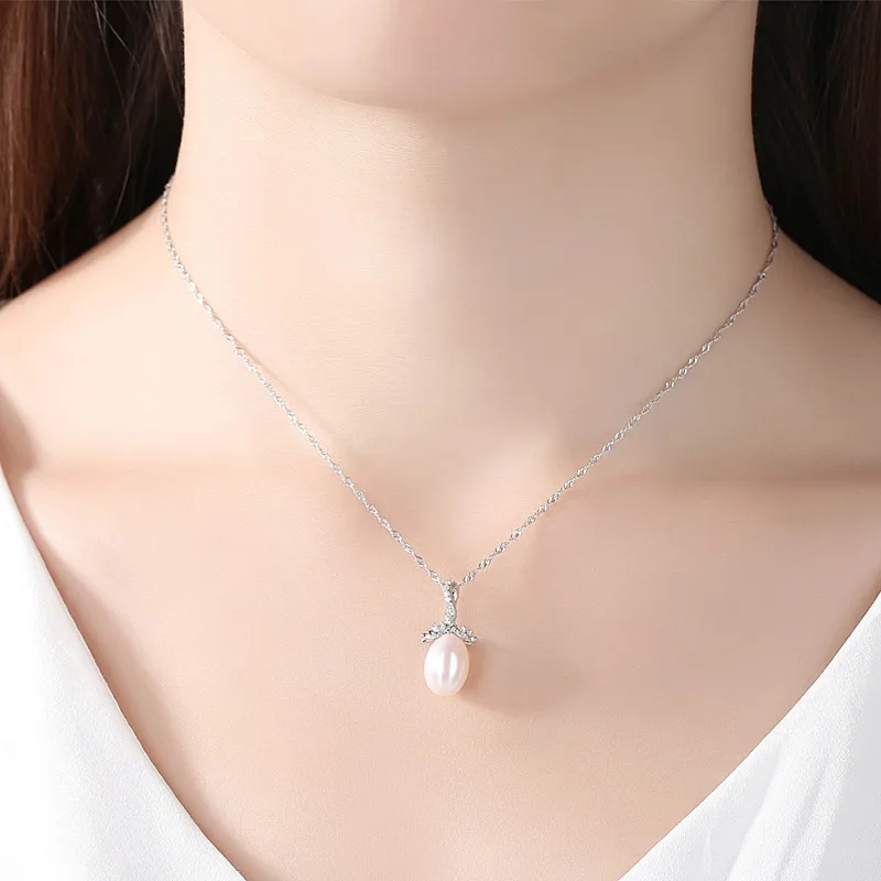 

FXLRY Elegant 9-10mm atural Pearl Pendant Necklace with Micro Shiny CZ Bridal Wedding Jewelry