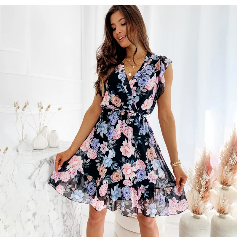 

Sexy V-neck Summer Dress 2021 New Fashion Floral Print Sleeveless Lace Up Chiffon Ruffles Beach Mini Dress For Women Robe Femme