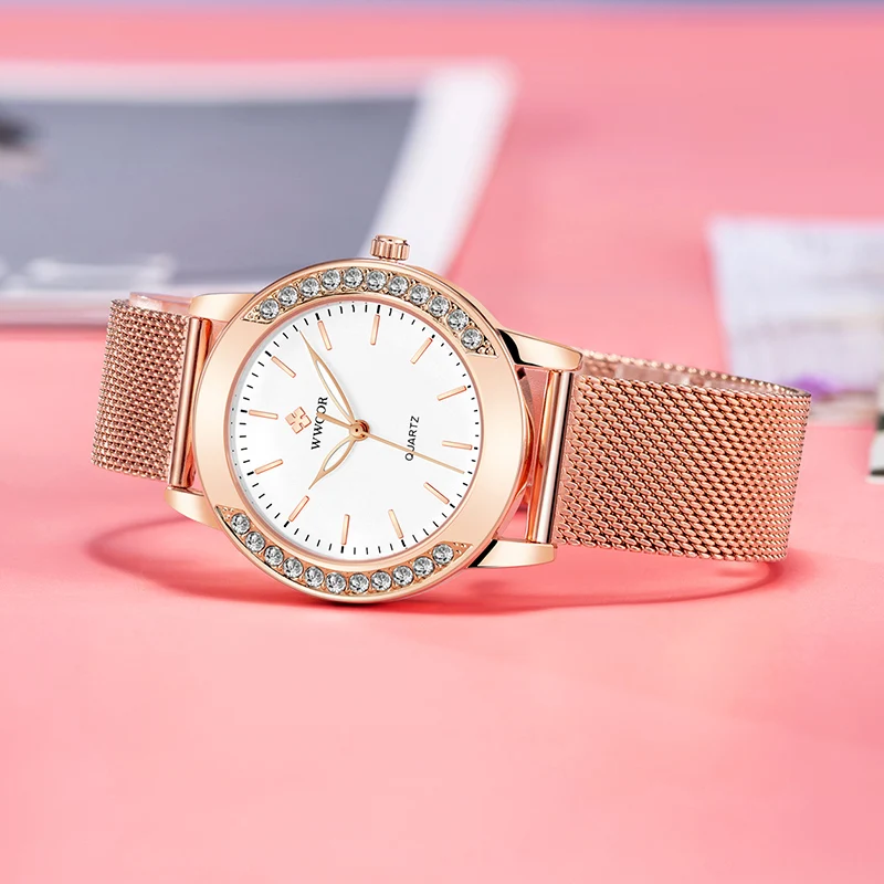 WWOOR 2022 New Luxury Rose Gold Women Watches Fashion Diamond Ladies Dress Watch Female Casual Mesh Steel Wristwatch Reloj Mujer