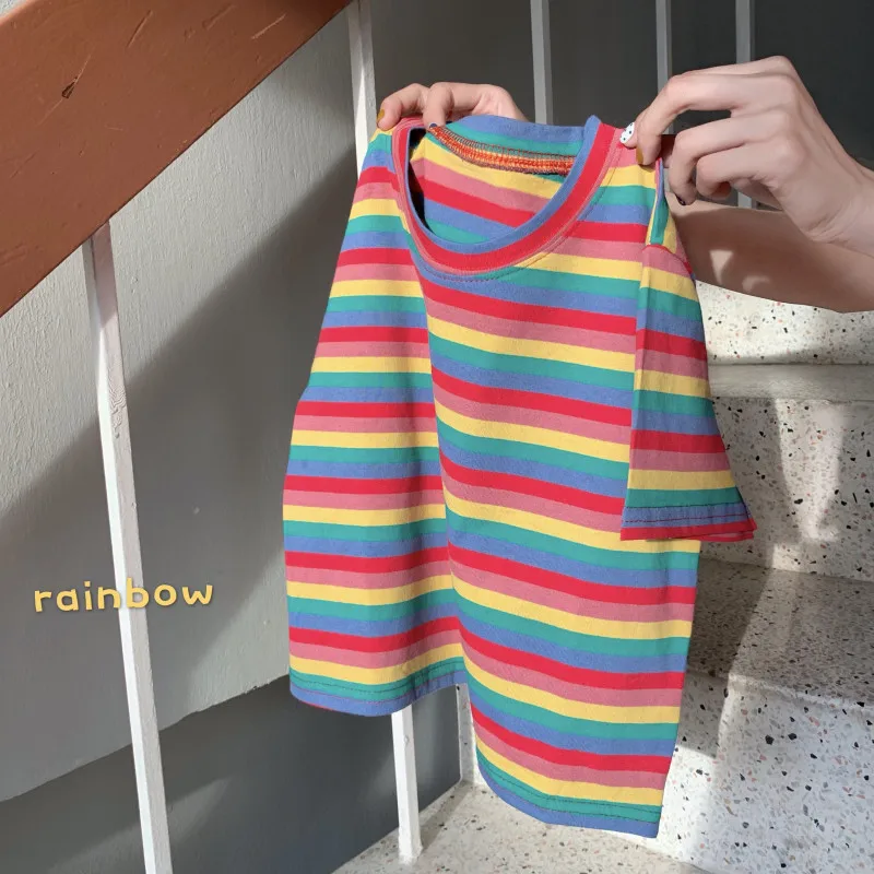 

O-Neck Striped Short Sleeve T-Shirt Woman's Korean Fashion Loose Short Tees Woman Casual Simple Basic T-Shirts Women 2021