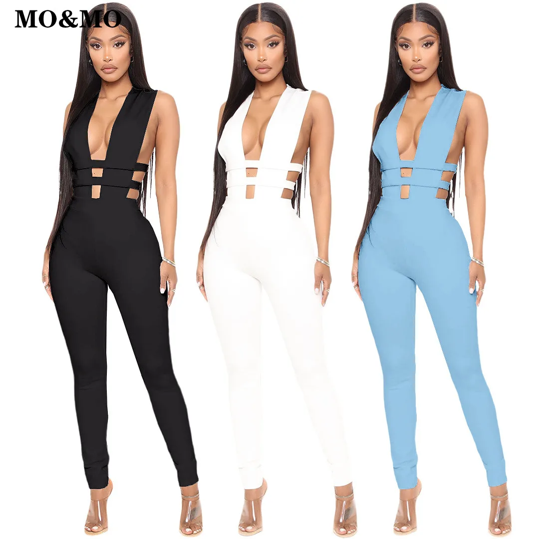 

2021 European and American women's summer pure color hollow zipper deep V-neck sexy jumpsuit