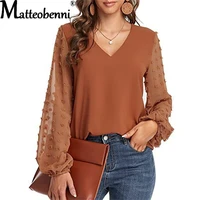 fashion women solid color jacquard chiffon blouse patchwork design v neck long sleeve spring autumn casual loose pullovers top