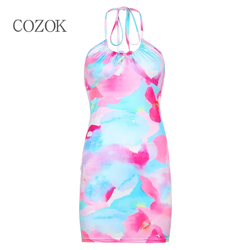 

new Sheath sexy dresses for women Summer Tie Dye Bohemian Above Knee, Mini Spaghetti Strap V-Neck Print Sleeveless