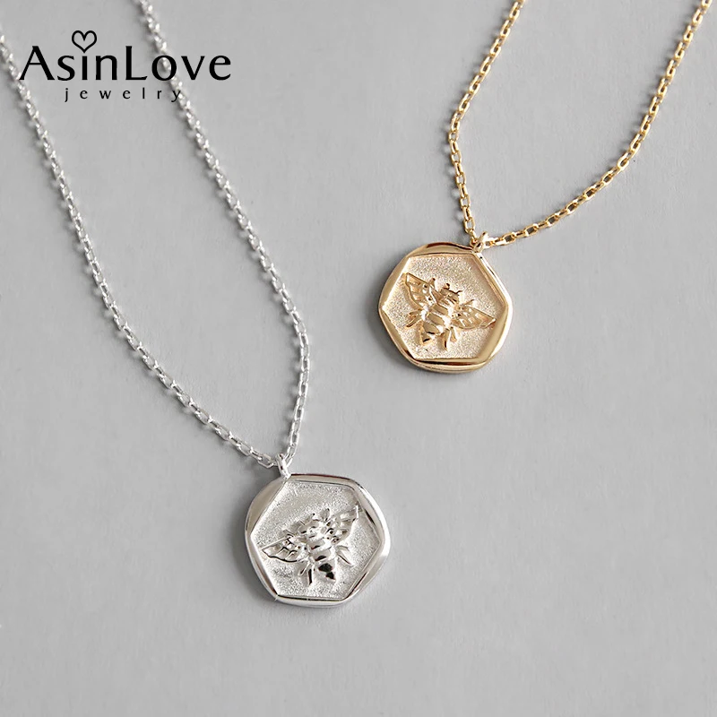 

AsinLove Real 925 Silver Insect Pattern Geometric Hexagon Pendant Necklaces for Women Vintage Bee Necklace Handmade Fine Jewelry