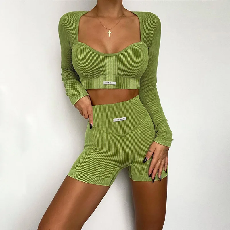 

Two Piece Women Yoga Suit Workout Wear Ribbed Sports Cropped Long Sleeve Top High Waist Leggings Workout Activewear ropa mujer