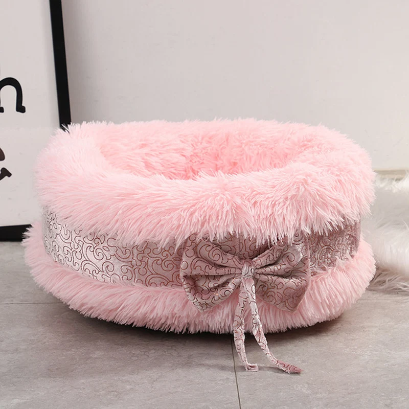 

Dog Basket Animals Sleeping Bed Cute Cat Beds Pet Dog Warm Bed Luxury Bowknot Decoration Fluffy Round House Soft Long Plush