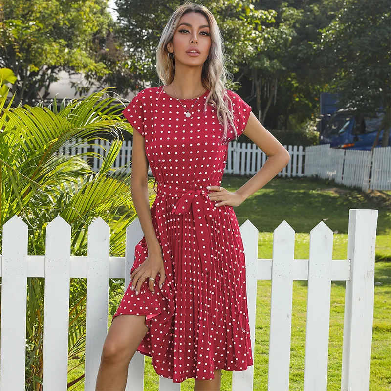 

2021 Summer Polka Dot Print Fahion Women Dress O-Neck Short Sleeve Sashes Mini Dress Elegant Sundress