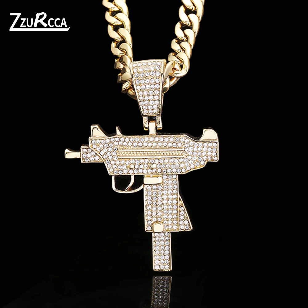 

Hip Hop Neck Chains Gun Pendant Necklace Iced Out Gold Color Cuban Chain Necklace for Men with Bling Rhinestone Birthday Gift