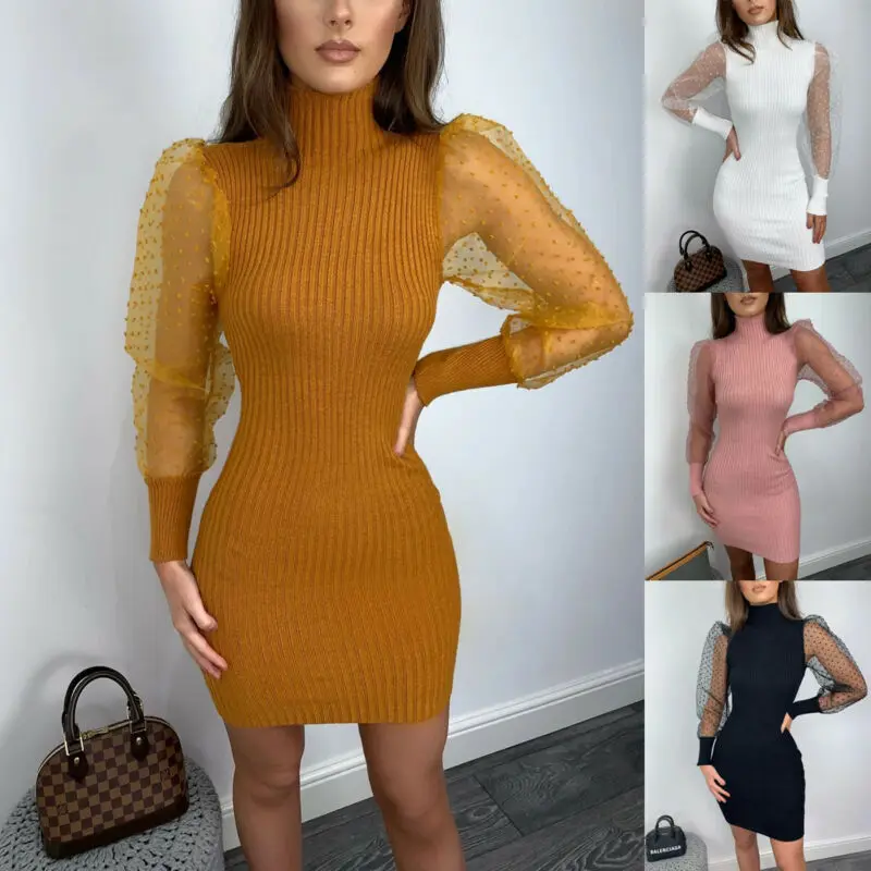 

Stock Women Mesh Puff Long Sleeve Mini Dress Casual Party Sheer Sheath Dress