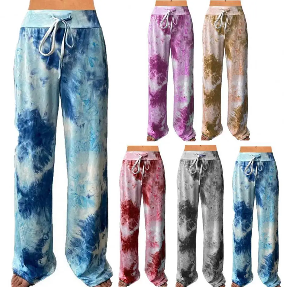 

Elastic Pink Waistband Loose Harem High Waist Ankle-length Gradient Print Drawstring Wide Leg Women Pants Activewear for Runnin