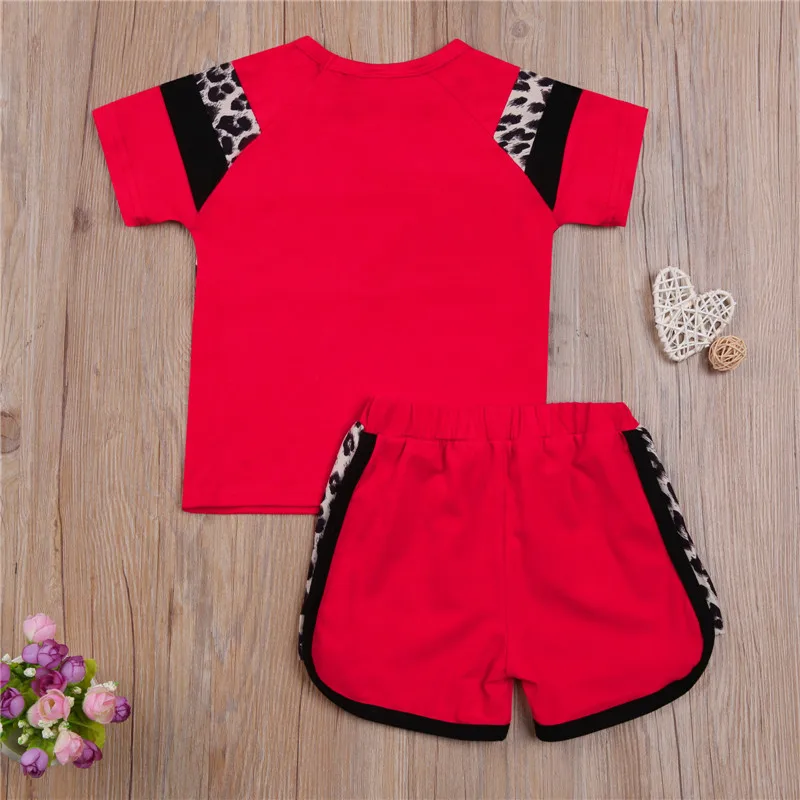 

Cute 1-4Y Kids Baby Girl Summer Clothing Leopard Printed Short Sleeve O-neck T-shirt Top+Shorts Leopard Splice Holiday 2Pcs