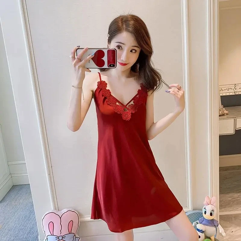 

New Sexy Nightwear Sleeping Dress Women Sleepwear Ice Slik Nightgowns & Sleepshirts Pink Lingerie Home Sleep & Lounge Underwear
