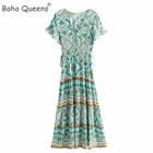 Женское винтажное платье в стиле бохо, зеленое платье макси из искусственного хлопка с цветочным принтом и расширяющимся книзу рукавом, V-образным вырезом, на шнуровке