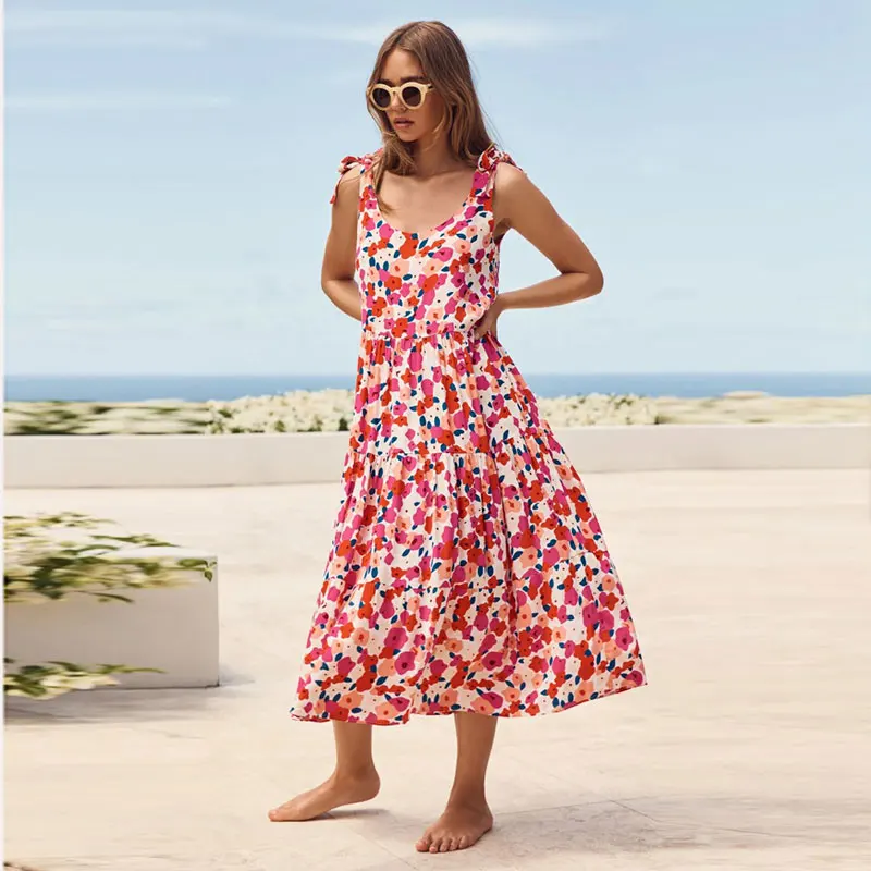

Summer Red Dress For Women Bohemian Loose Printing O-Neck Tucked Waist Was Thin Fashionable Temperament Suspender Skirt