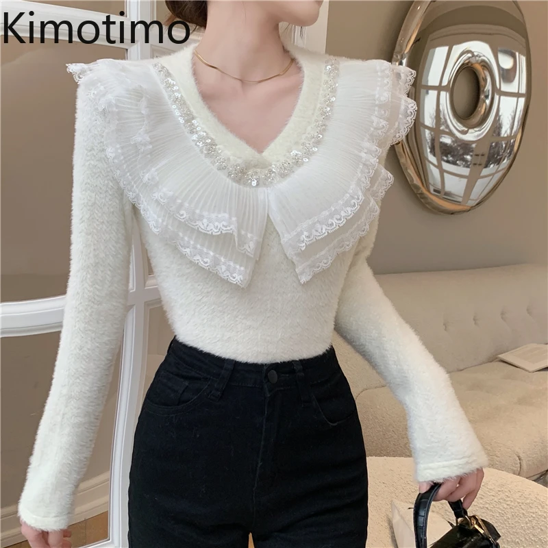 

Kimotimo Sweet Pullover Women French Fairy Heavy Industry Beading Lace Ruffles Tops Autumn Winter V-neck Bottoming Sweater Ins