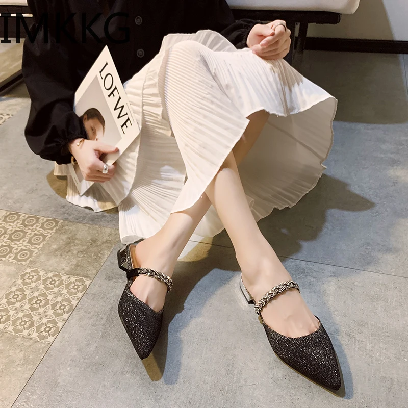 Мюли женские с заостренным носком ПУ кожа шлепанцы низкий каблук хрустальные