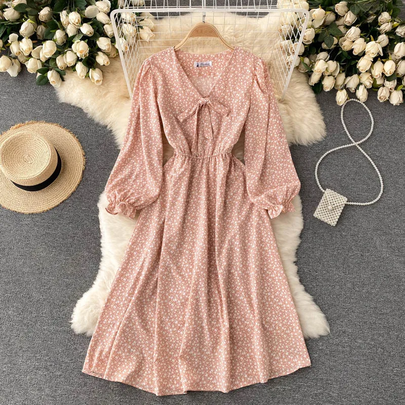 

New Spring Autumn Women V-Neck Puff Sleeve Slim Long Dress Elegant Vintage Floral Dress