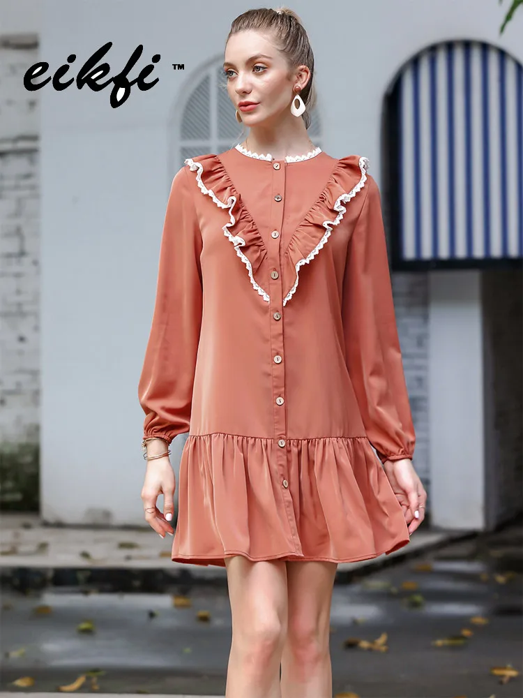 Платье женское винтажное однотонное с длинным рукавом свободное Повседневное