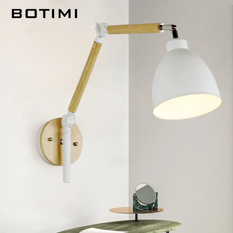 

BOTIMI Nordic LED Wall Lamp Wooden Wall Sconce Adjustable Luminaira Metal Lampshade Bedside Light White Reading Lighting Fixture